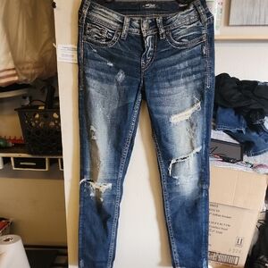 Silver Jeans Distressed Skinny Jeans in Blue Wash